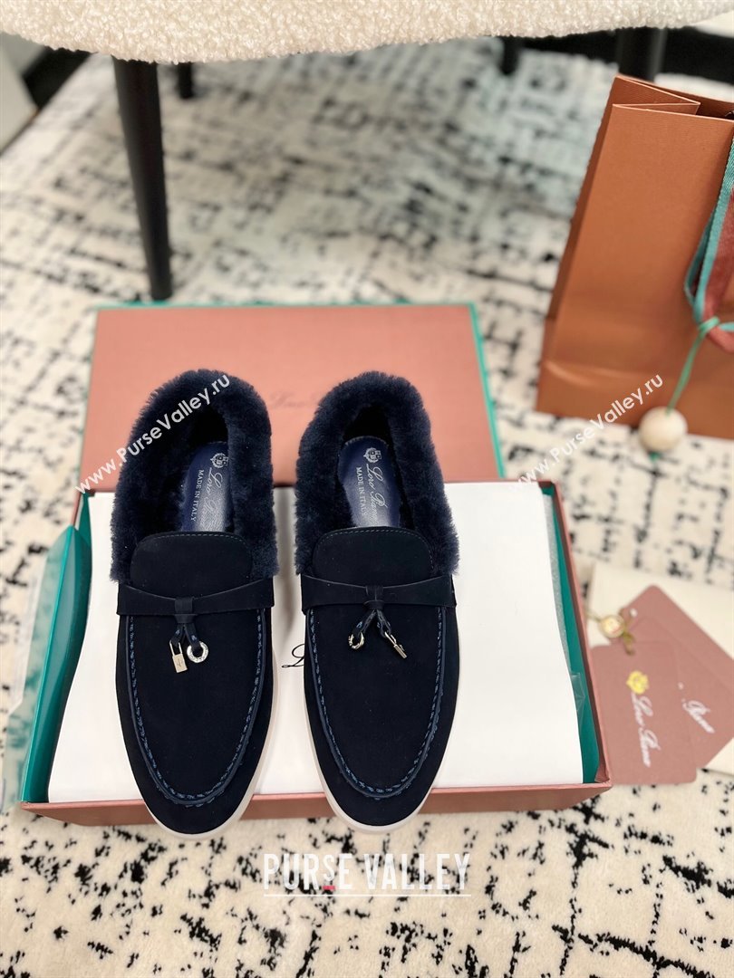 Loro Piana Summer Charm Loafers in Suede and Rabbit Fur Dark Blue 2024 LP101103 (KL-241011072)