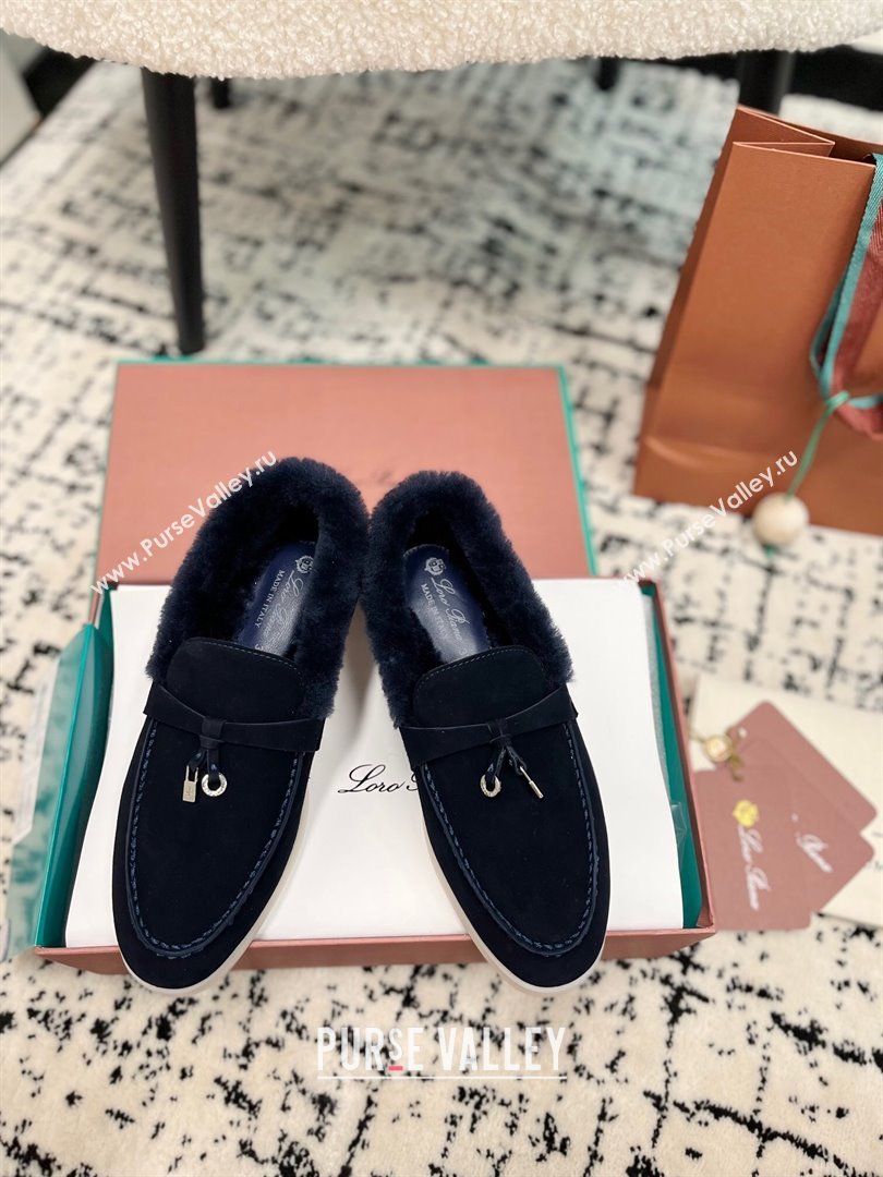 Loro Piana Summer Charm Loafers in Suede and Rabbit Fur Dark Blue 2024 LP101103 (KL-241011072)