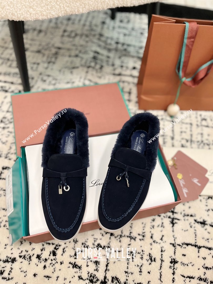 Loro Piana Summer Charm Loafers in Suede and Rabbit Fur Dark Blue 2024 LP101103 (KL-241011072)