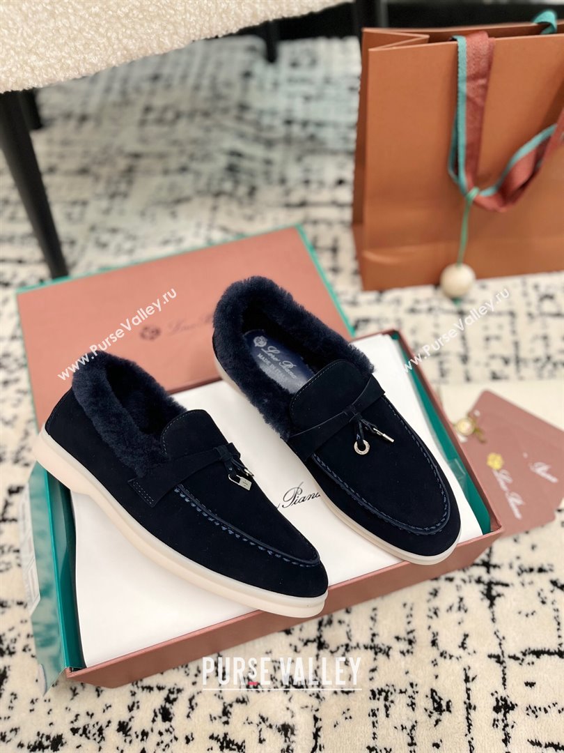 Loro Piana Summer Charm Loafers in Suede and Rabbit Fur Dark Blue 2024 LP101103 (KL-241011072)