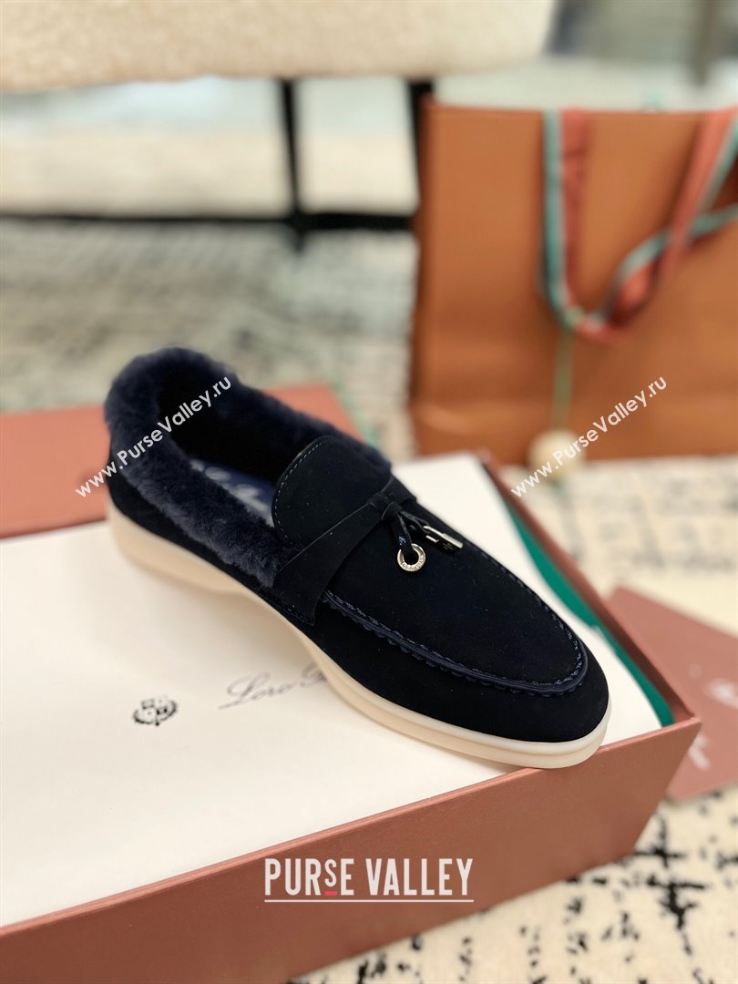 Loro Piana Summer Charm Loafers in Suede and Rabbit Fur Dark Blue 2024 LP101103 (KL-241011072)