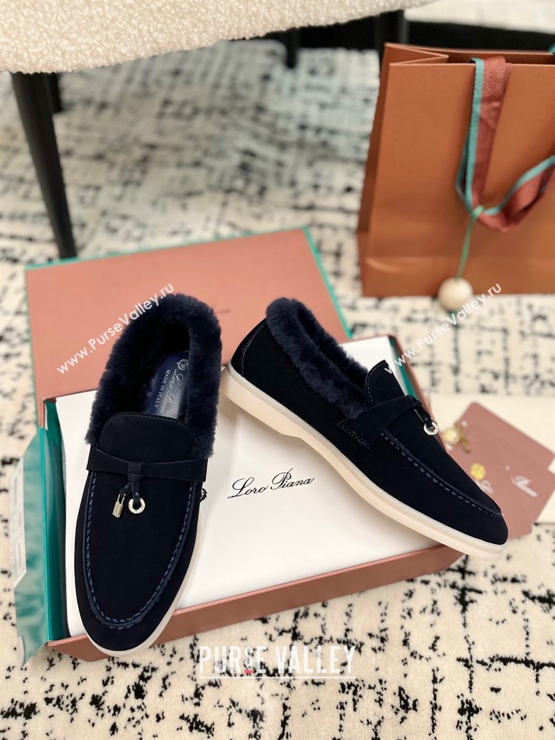 Loro Piana Summer Charm Loafers in Suede and Rabbit Fur Dark Blue 2024 LP101103 (KL-241011072)