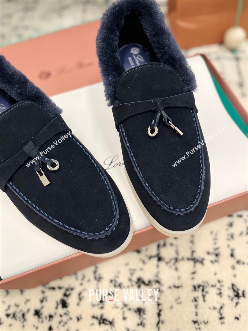 Loro Piana Summer Charm Loafers in Suede and Rabbit Fur Dark Blue 2024 LP101103 (KL-241011072)