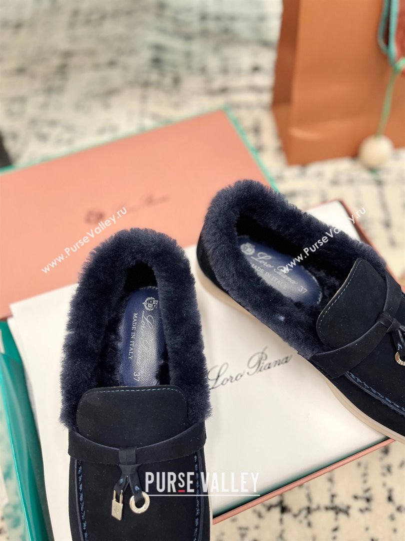 Loro Piana Summer Charm Loafers in Suede and Rabbit Fur Dark Blue 2024 LP101103 (KL-241011072)