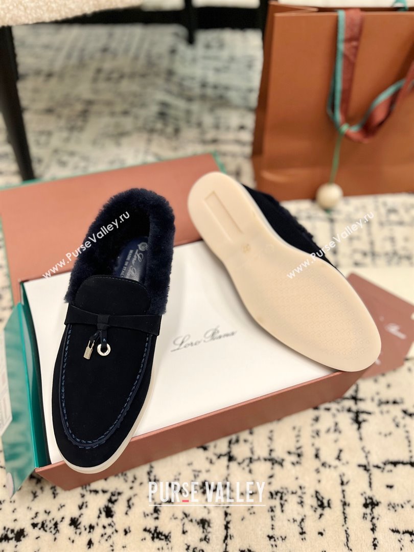 Loro Piana Summer Charm Loafers in Suede and Rabbit Fur Dark Blue 2024 LP101103 (KL-241011072)