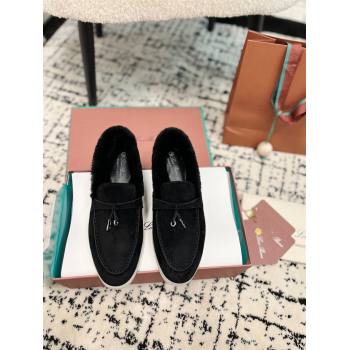Loro Piana Summer Charm Loafers in Suede and Rabbit Fur Black 2024 LP101103 (KL-241011073)