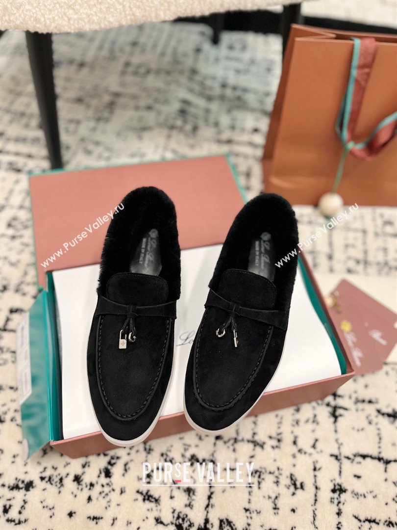 Loro Piana Summer Charm Loafers in Suede and Rabbit Fur Black 2024 LP101103 (KL-241011073)