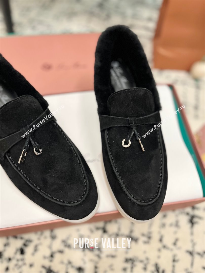 Loro Piana Summer Charm Loafers in Suede and Rabbit Fur Black 2024 LP101103 (KL-241011073)