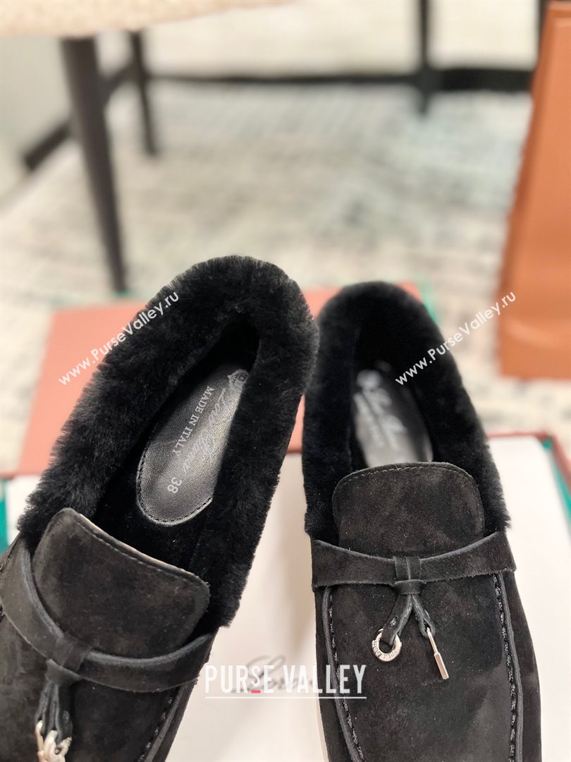 Loro Piana Summer Charm Loafers in Suede and Rabbit Fur Black 2024 LP101103 (KL-241011073)