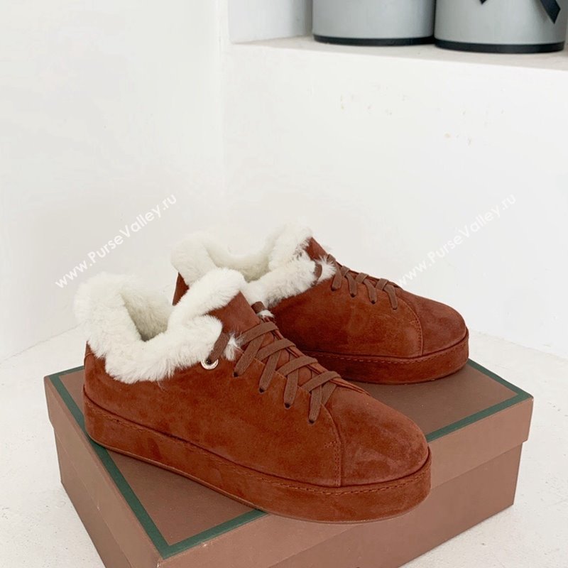 Loro Piana Low top Sneakers in Suede and Wool Fur Tan Brown 2024 LP111303 (KER-241113090)