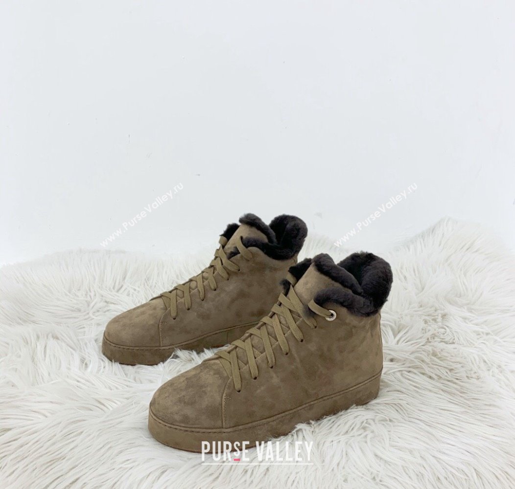 Loro Piana High top Sneakers in Suede and Wool Fur Khaki 2024 LP111304 (KER-241113097)