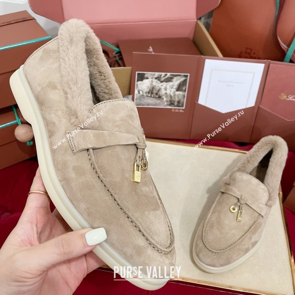 Loro Piana Summer Charm Loafers in Suede and Beaver Fur Beige Grey 2024 LP101103 (KL-241113136)