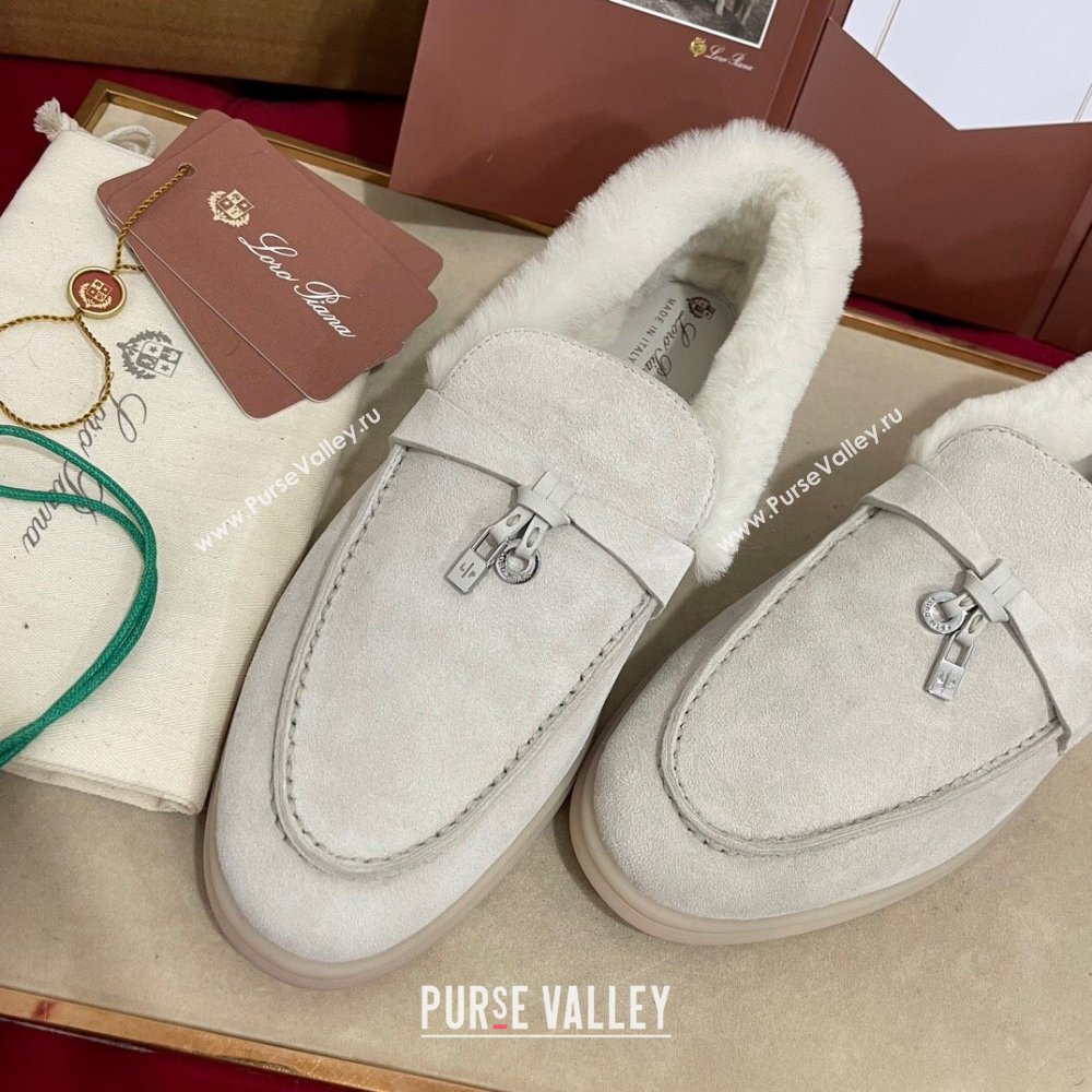 Loro Piana Summer Charm Loafers in Suede and Beaver Fur White 2024 LP101103 (KL-241113133)