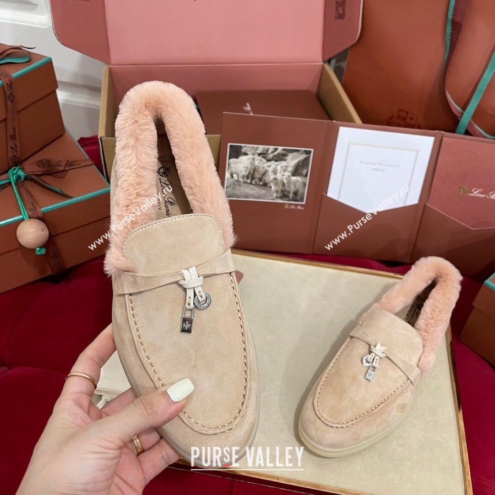 Loro Piana Summer Charm Loafers in Suede and Beaver Fur Light Pink 2024 LP101103 (KL-241113137)