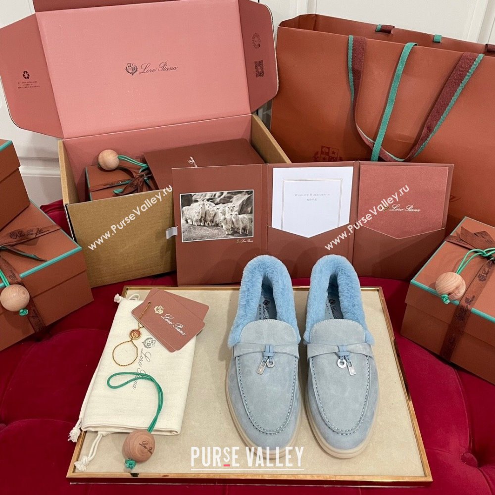 Loro Piana Summer Charm Loafers in Suede and Beaver Fur Light Blue 2024 LP101103 (KL-241113140)