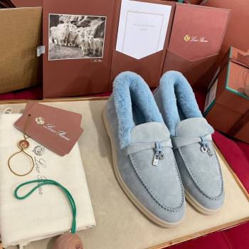 Loro Piana Summer Charm Loafers in Suede and Beaver Fur Light Blue 2024 LP101103 (KL-241113140)