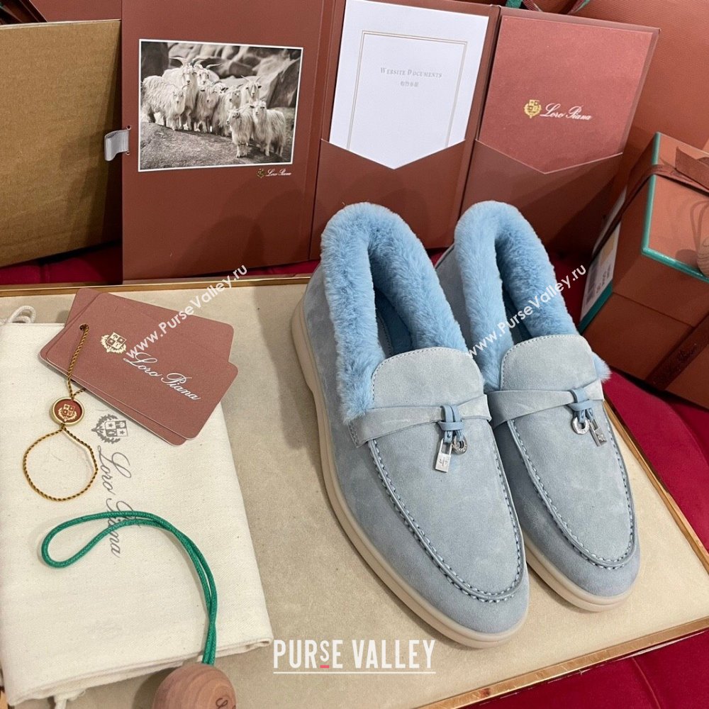 Loro Piana Summer Charm Loafers in Suede and Beaver Fur Light Blue 2024 LP101103 (KL-241113140)