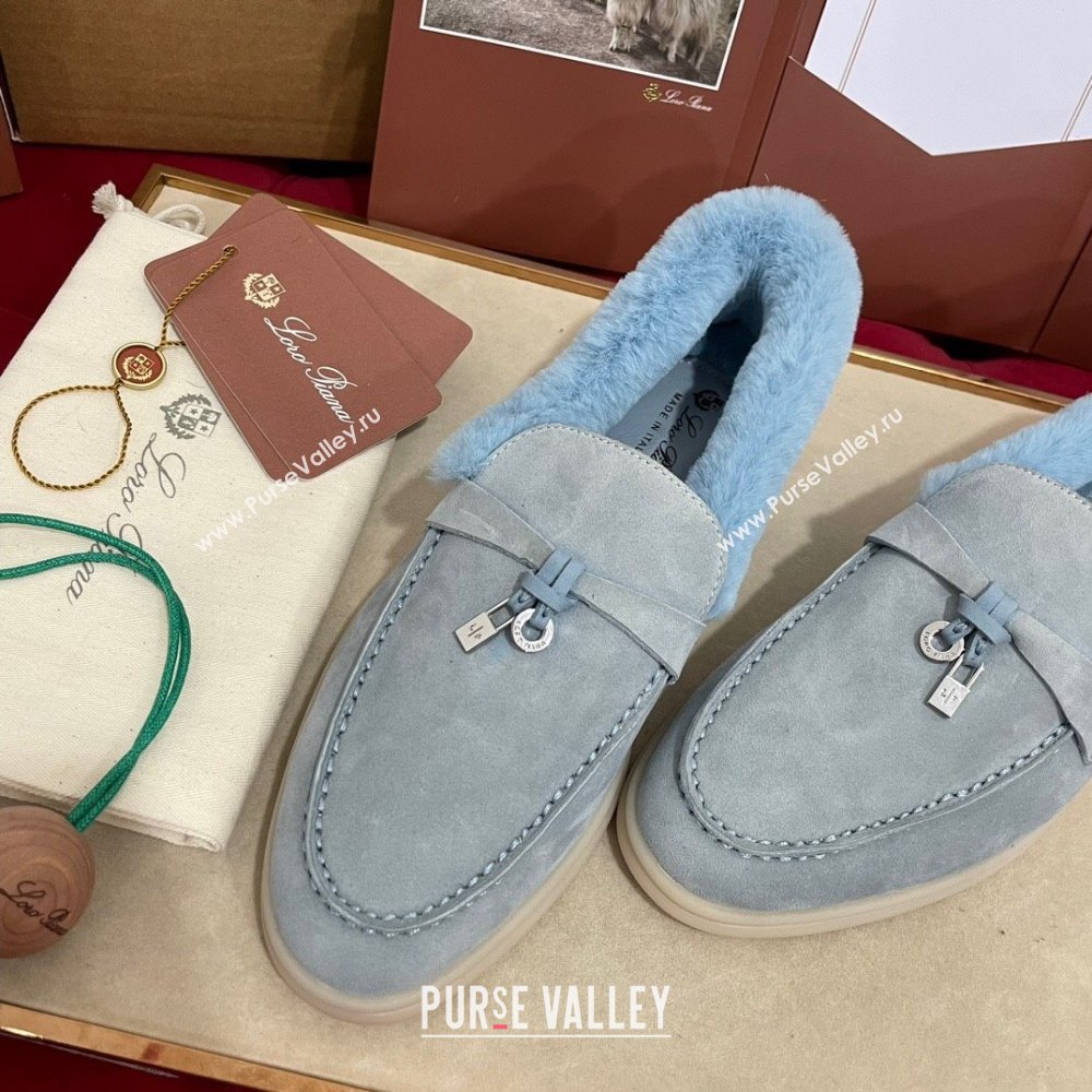 Loro Piana Summer Charm Loafers in Suede and Beaver Fur Light Blue 2024 LP101103 (KL-241113140)