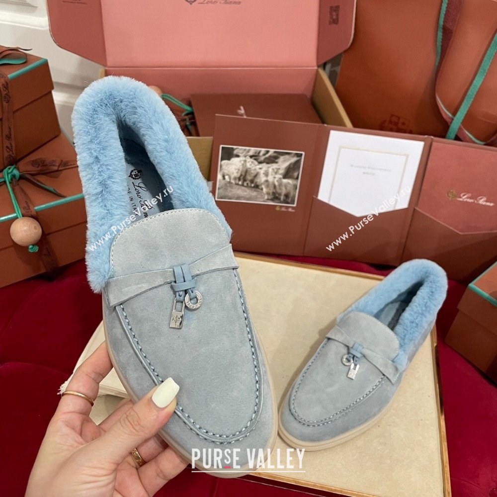 Loro Piana Summer Charm Loafers in Suede and Beaver Fur Light Blue 2024 LP101103 (KL-241113140)