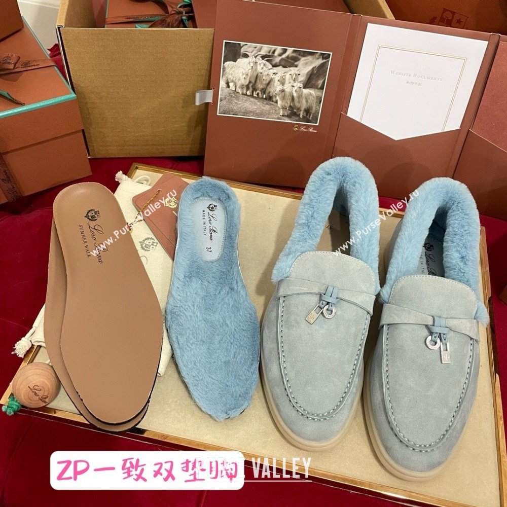 Loro Piana Summer Charm Loafers in Suede and Beaver Fur Light Blue 2024 LP101103 (KL-241113140)