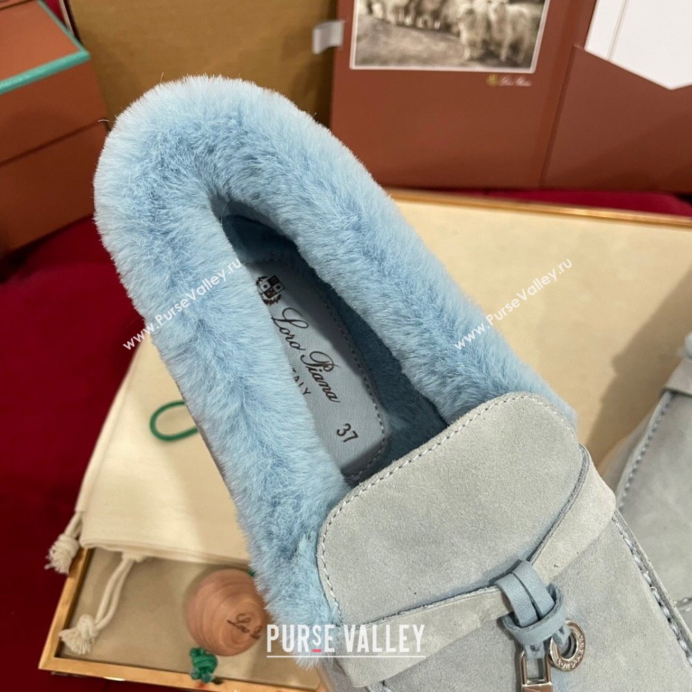 Loro Piana Summer Charm Loafers in Suede and Beaver Fur Light Blue 2024 LP101103 (KL-241113140)