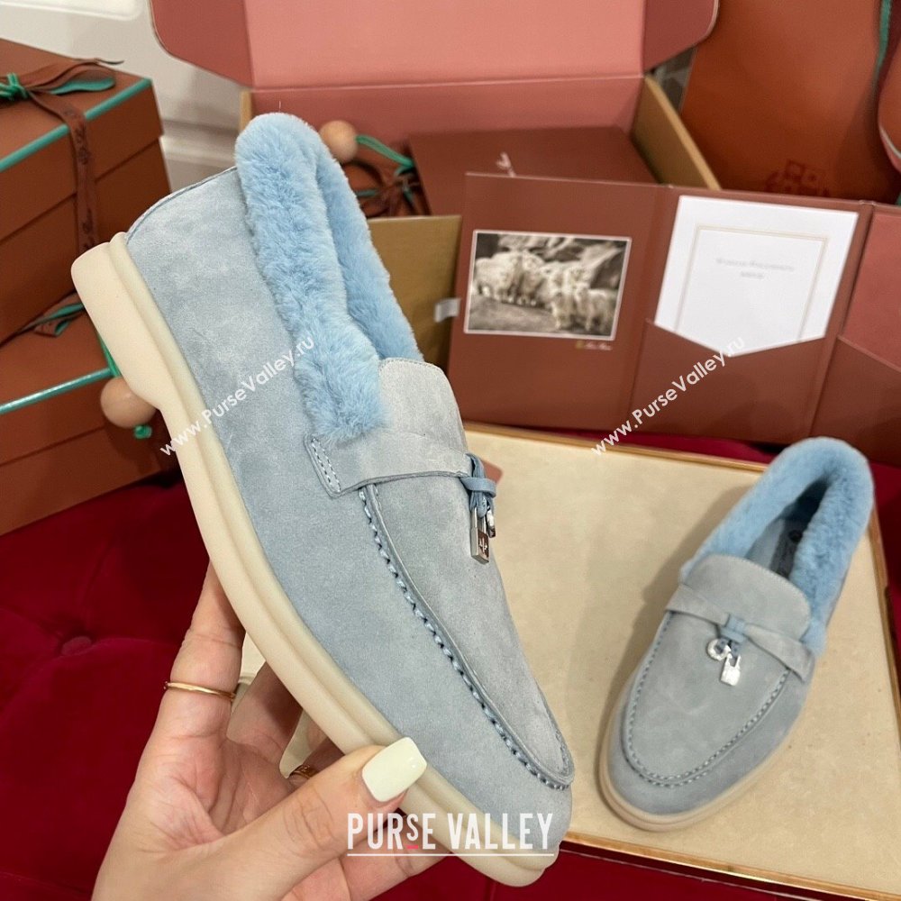 Loro Piana Summer Charm Loafers in Suede and Beaver Fur Light Blue 2024 LP101103 (KL-241113140)