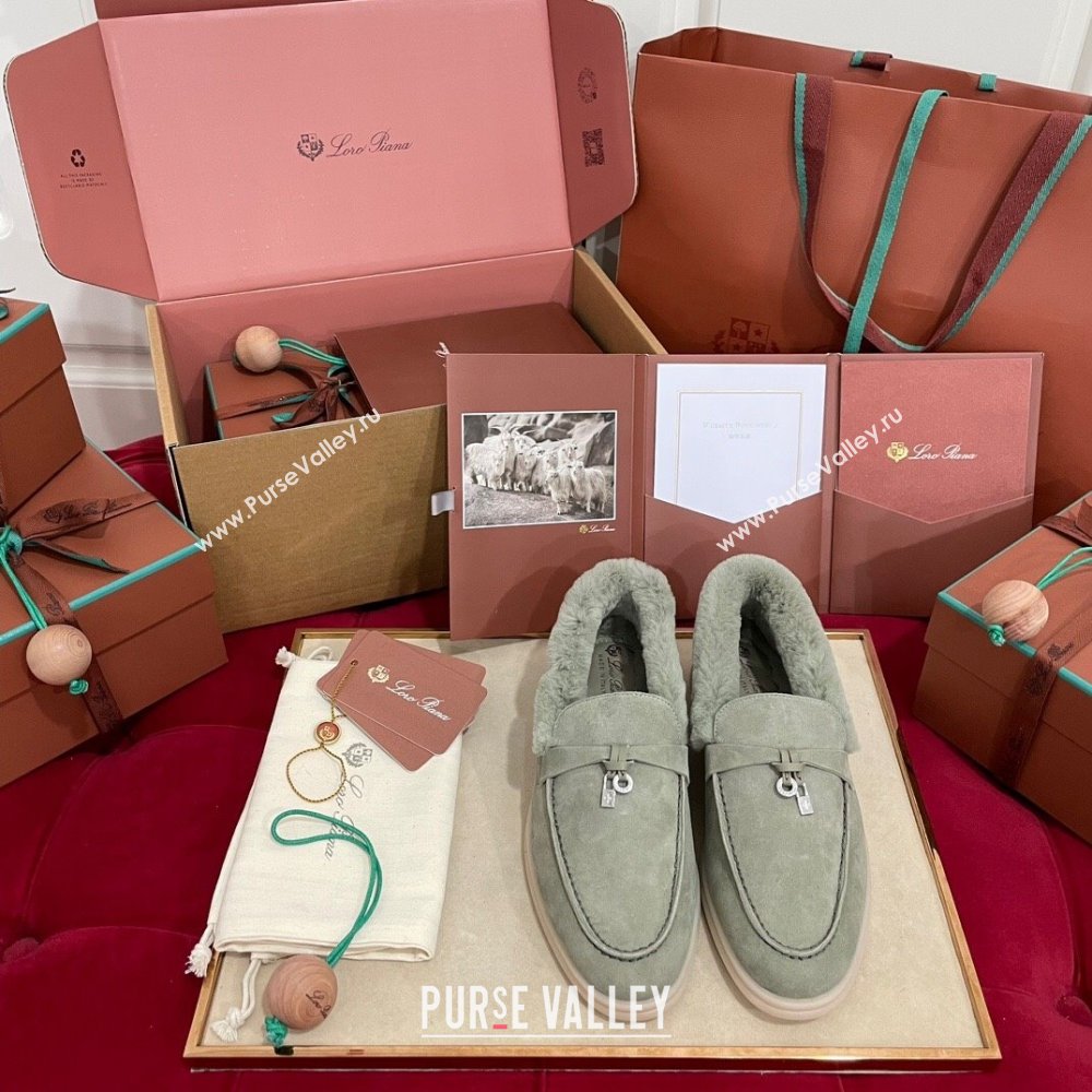 Loro Piana Summer Charm Loafers in Suede and Beaver Fur Dusty Green 2024 LP101103 (KL-241113141)