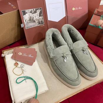 Loro Piana Summer Charm Loafers in Suede and Beaver Fur Dusty Green 2024 LP101103 (KL-241113141)