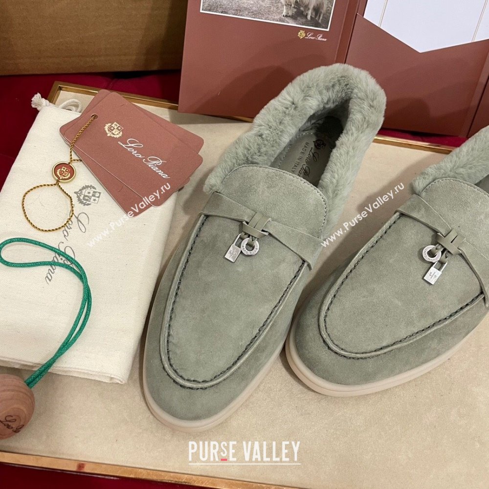 Loro Piana Summer Charm Loafers in Suede and Beaver Fur Dusty Green 2024 LP101103 (KL-241113141)