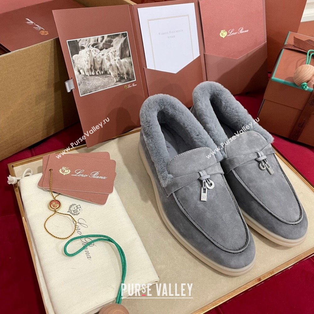 Loro Piana Summer Charm Loafers in Suede and Beaver Fur Grey2 2024 LP101103 (KL-241113142)