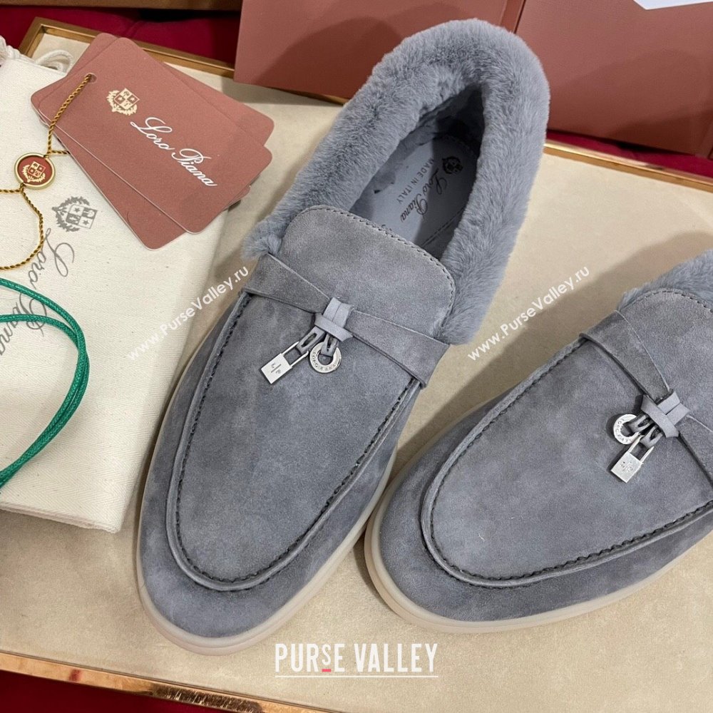 Loro Piana Summer Charm Loafers in Suede and Beaver Fur Grey2 2024 LP101103 (KL-241113142)