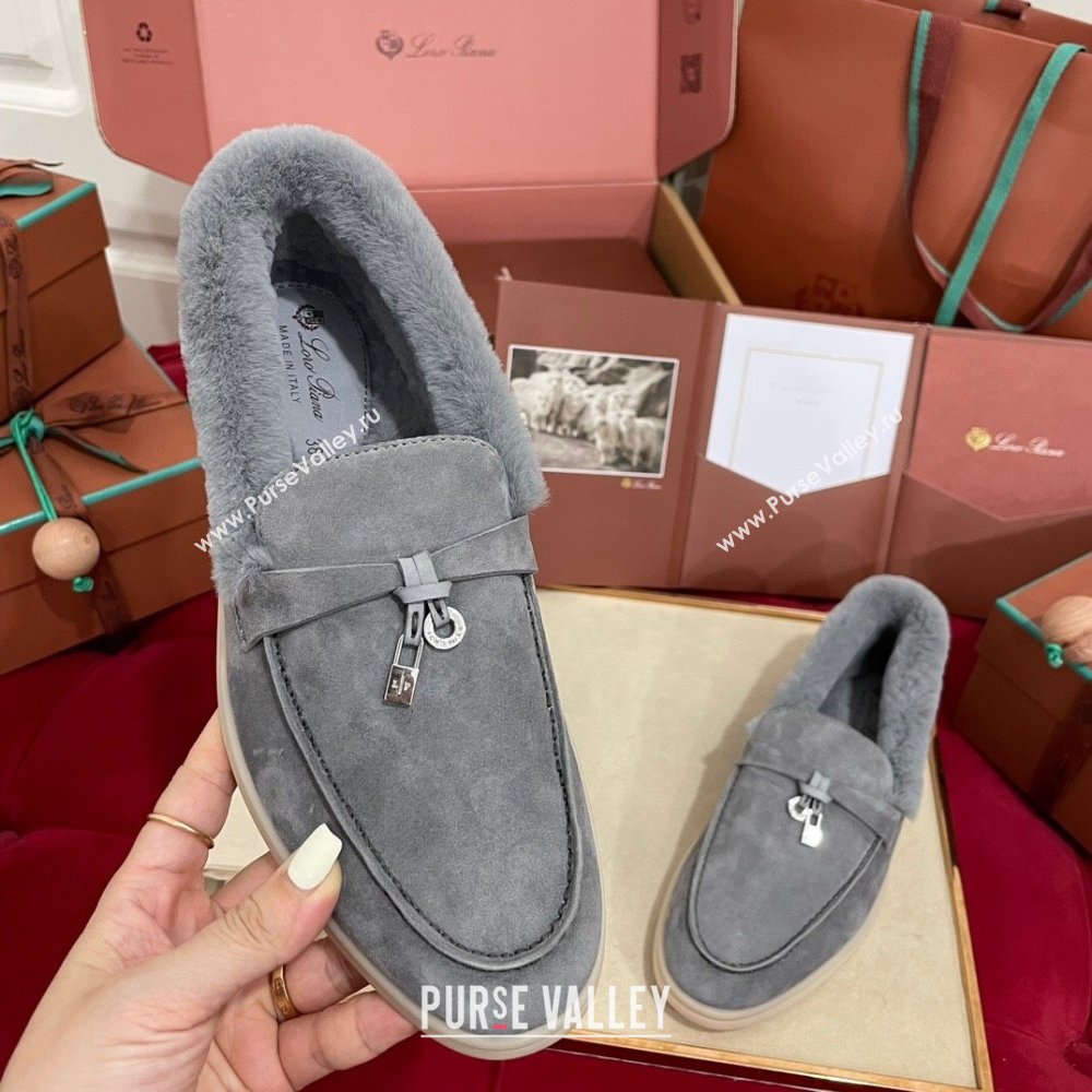 Loro Piana Summer Charm Loafers in Suede and Beaver Fur Grey2 2024 LP101103 (KL-241113142)