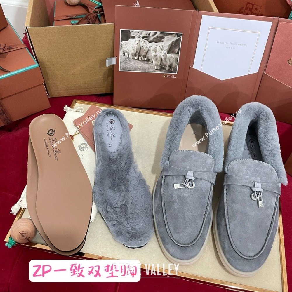 Loro Piana Summer Charm Loafers in Suede and Beaver Fur Grey2 2024 LP101103 (KL-241113142)