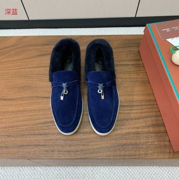 Loro Piana Summer Charm Loafers in Suede and Wool Fur Dark Blue 2024 LP101103 (KL-241113127)