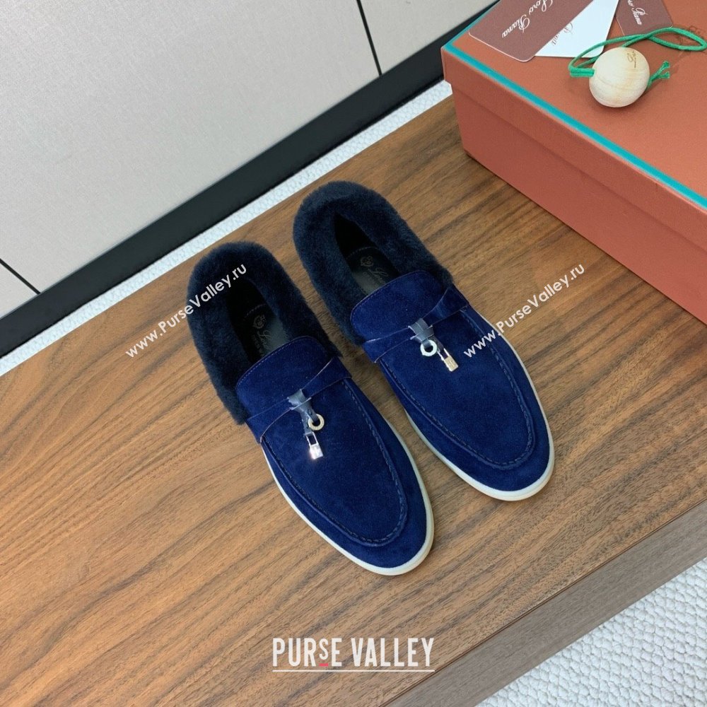 Loro Piana Summer Charm Loafers in Suede and Wool Fur Dark Blue 2024 LP101103 (KL-241113127)