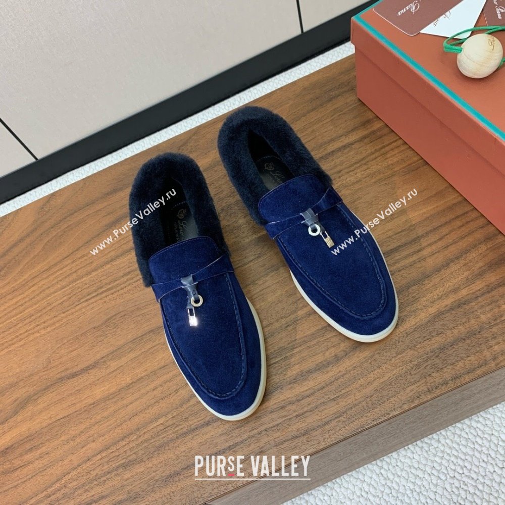 Loro Piana Summer Charm Loafers in Suede and Wool Fur Dark Blue 2024 LP101103 (KL-241113127)