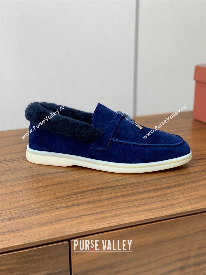 Loro Piana Summer Charm Loafers in Suede and Wool Fur Dark Blue 2024 LP101103 (KL-241113127)