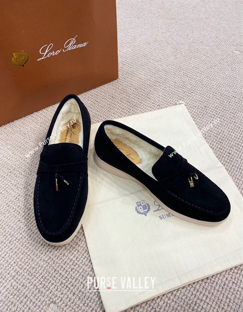 Loro Piana Summer Charm Loafers in Suede with Wool Lining Black 2024 LP123001 (KL-241230003)