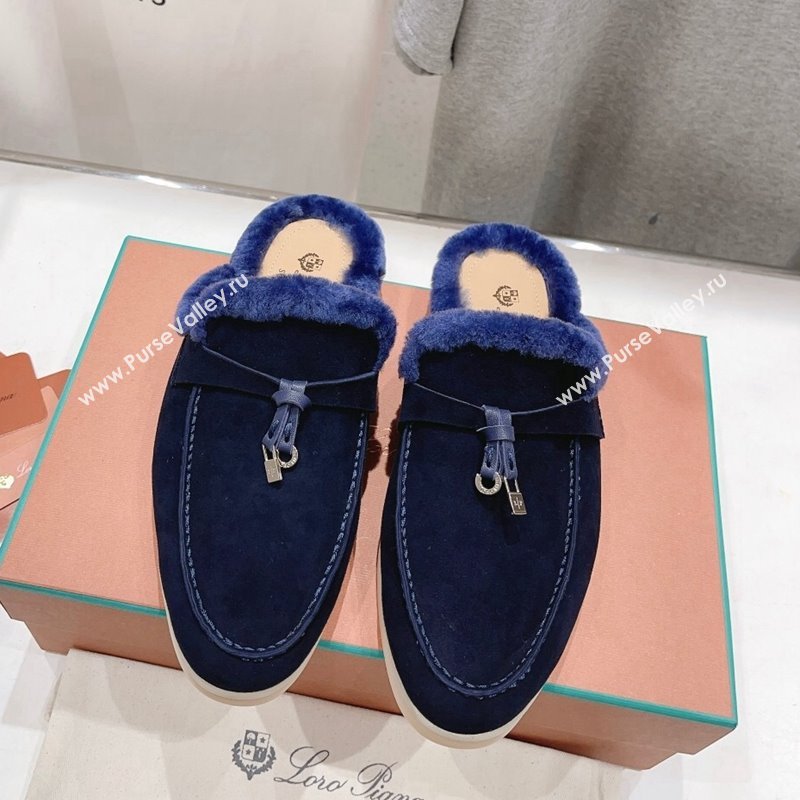 Loro Piana Charms Walk Babouche Loafer Mules in Suede and Wool Dark Blue 2024 LP111301 (MD-241230041)