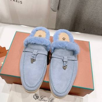 Loro Piana Charms Walk Babouche Loafer Mules in Suede and Wool Light Blue 2024 LP111301 (MD-241230043)