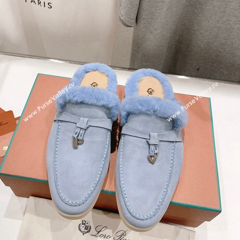 Loro Piana Charms Walk Babouche Loafer Mules in Suede and Wool Light Blue 2024 LP111301 (MD-241230043)