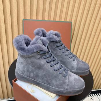 Loro Piana High top Sneakers in Suede and Wool Fur Dusty Blue 2024 LP111305 (KER-241230084)