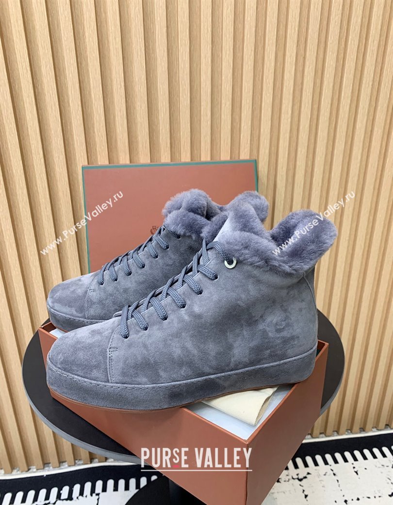 Loro Piana High top Sneakers in Suede and Wool Fur Dusty Blue 2024 LP111305 (KER-241230084)