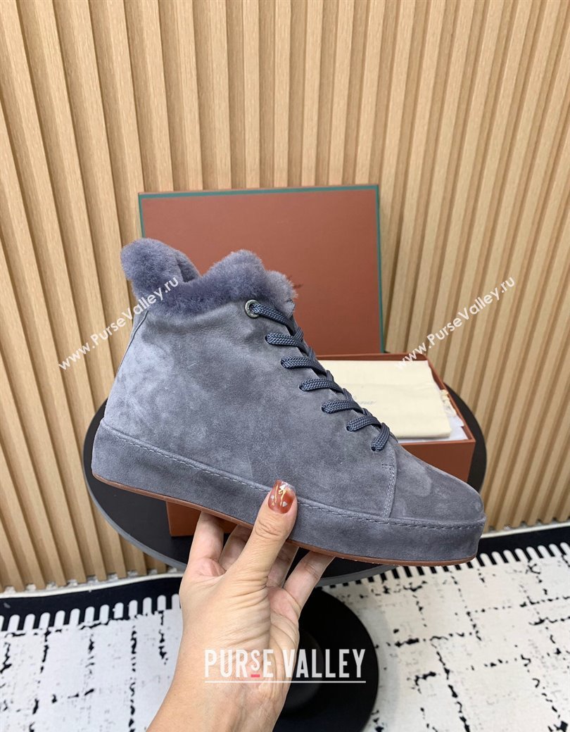 Loro Piana High top Sneakers in Suede and Wool Fur Dusty Blue 2024 LP111305 (KER-241230084)