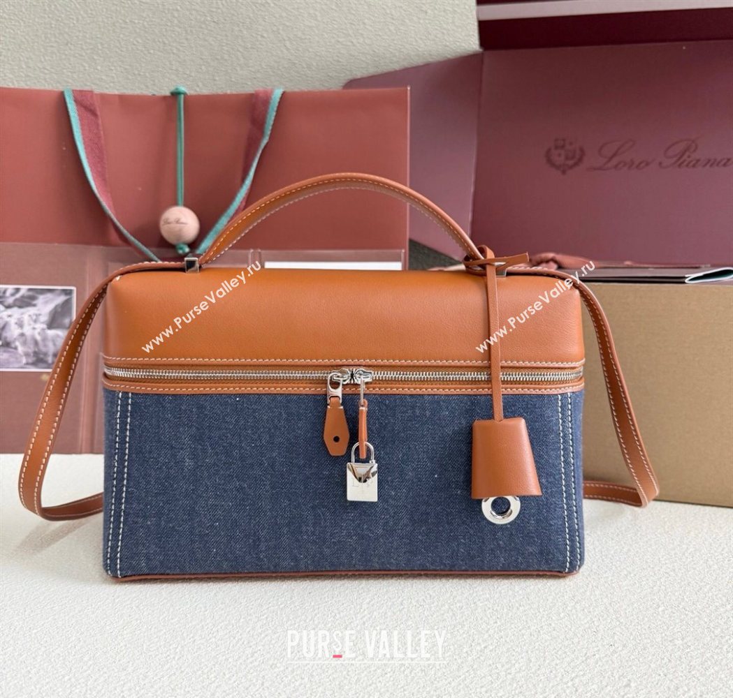 Loro Piana LP Extra Pocket Pouch L27 in Blue Denim and Brown Calfskin 2025 (YY-250625080)