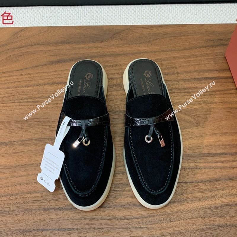 Loro Piana Charms Walk Babouche Loafer Mules in Suede and Crocodile-Like Leaher Inserts Black 2025 (HH-250708012)