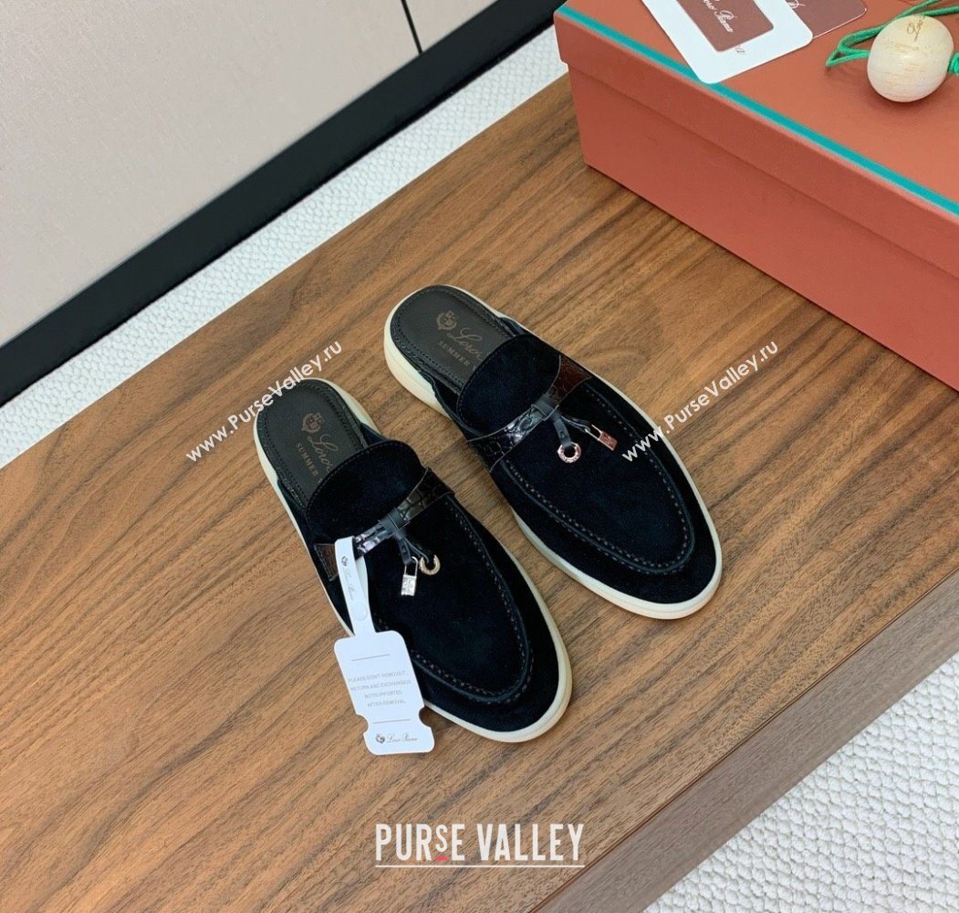 Loro Piana Charms Walk Babouche Loafer Mules in Suede and Crocodile-Like Leaher Inserts Black 2025 (HH-250708012)