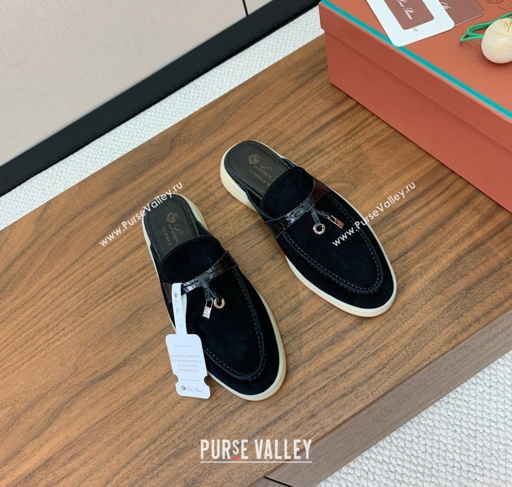 Loro Piana Charms Walk Babouche Loafer Mules in Suede and Crocodile-Like Leaher Inserts Black 2025 (HH-250708012)