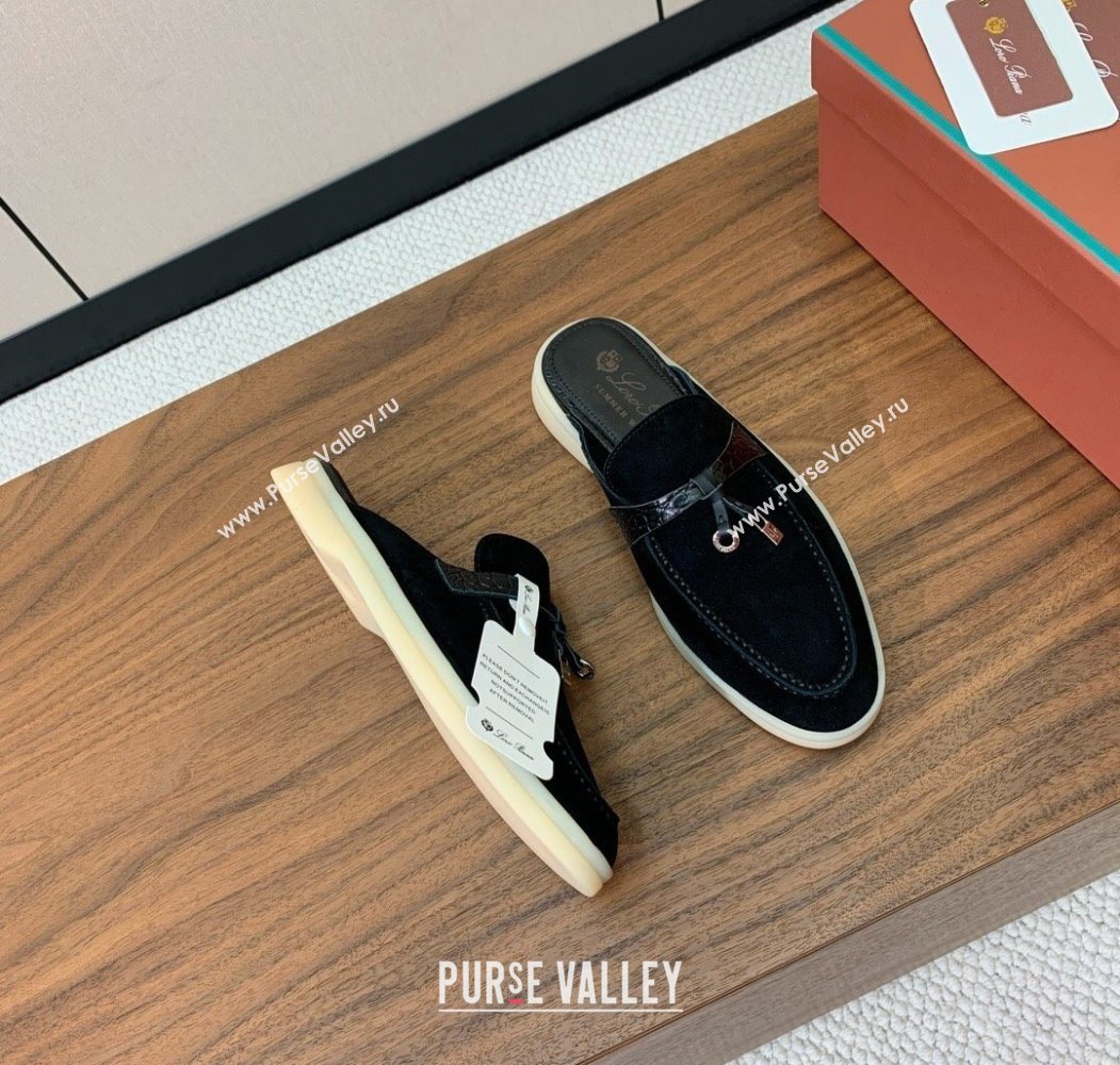 Loro Piana Charms Walk Babouche Loafer Mules in Suede and Crocodile-Like Leaher Inserts Black 2025 (HH-250708012)