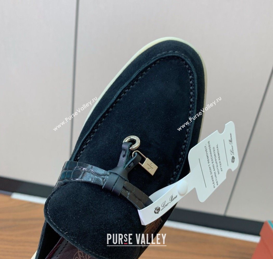 Loro Piana Charms Walk Babouche Loafer Mules in Suede and Crocodile-Like Leaher Inserts Black 2025 (HH-250708012)